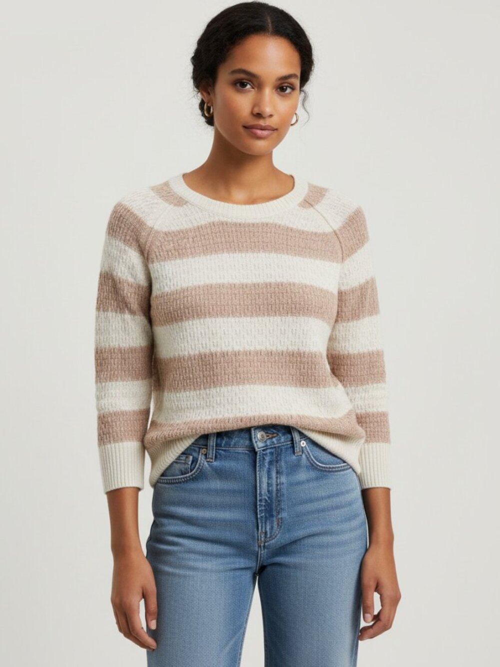 Splendid Striped Cashmere Blend Sweater Taupe Cream Boat Neck Women's XS